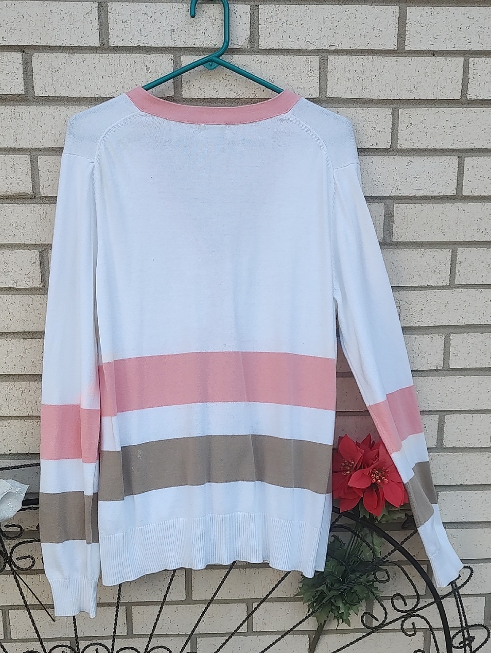 Izod White Pink and Tan Striped V-Neck Cardigan - Picture 9 of 9